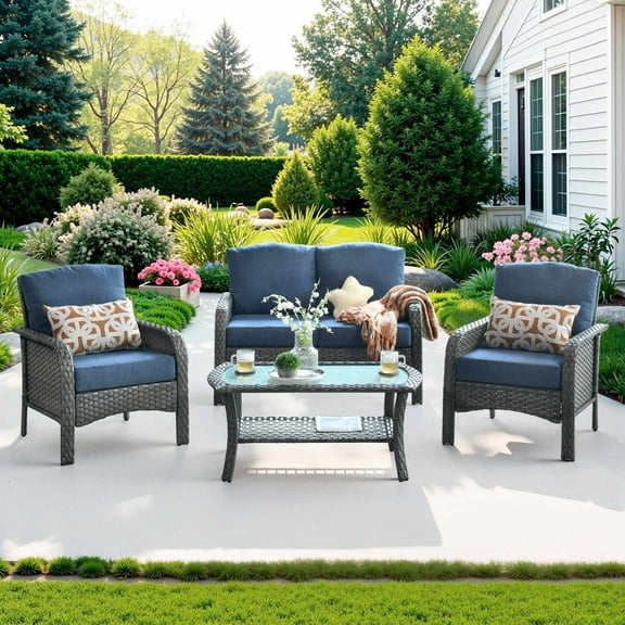 Ovios 4 Pieces Patio Furniture Outdoor Sectional Set Modern High Back All Weather Wicker Conversation Set with Coffee Table for Garden, Backyard, Denim Blue