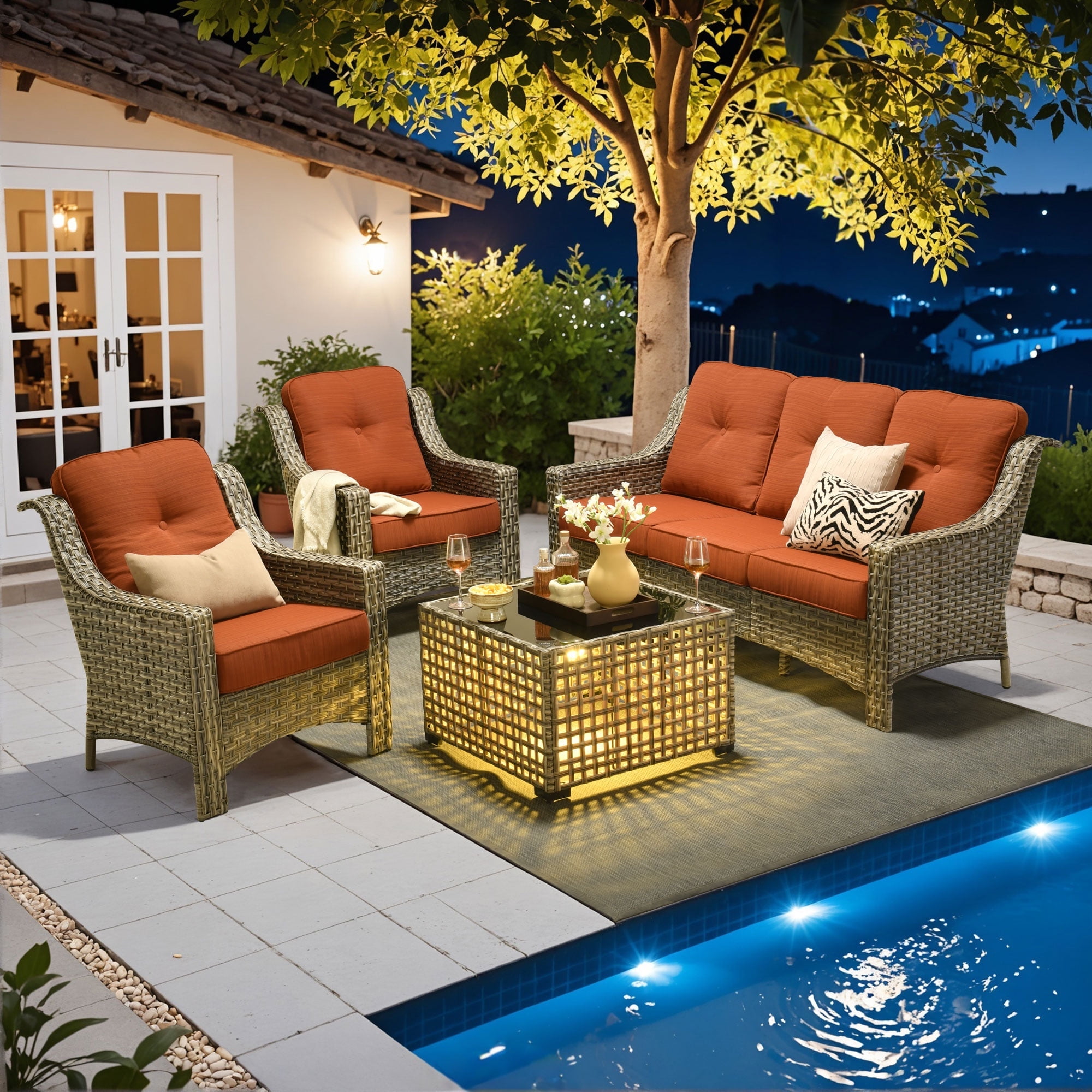 Ovios 4-Piece Outdoor Patio Furniture Set, High Back Wicker Sectional Conversation Set with Solar Light Coffee Table, All-Weather Rattan Sofa for Patio, Garden, Backyard, Orange Red