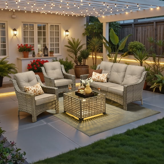 Ovios 4 Pieces Outdoor Furniture Set High Back All-Weather Wicker Patio Conversation Set with Solar Light Coffee Table, Beige