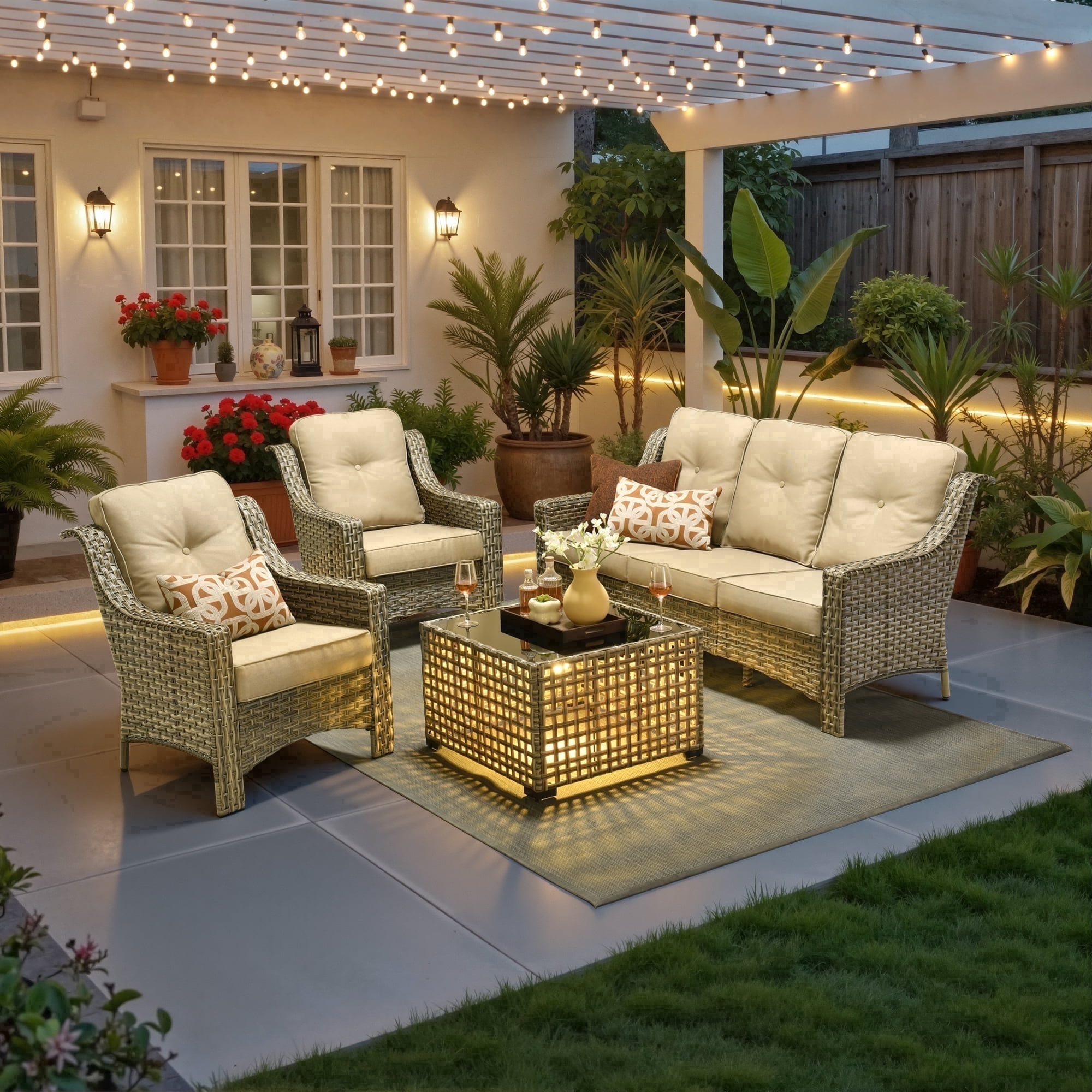 Ovios 4 Pieces Outdoor Furniture Set High Back All-Weather Wicker Patio Conversation Set with Solar Light Coffee Table, Beige