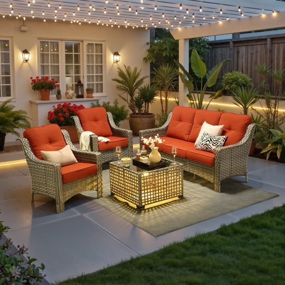 Ovios 4 Pieces Outdoor Furniture Set High Back All-Weather Wicker Patio Conversation Set with Solar Light Coffee Table, Orange Red