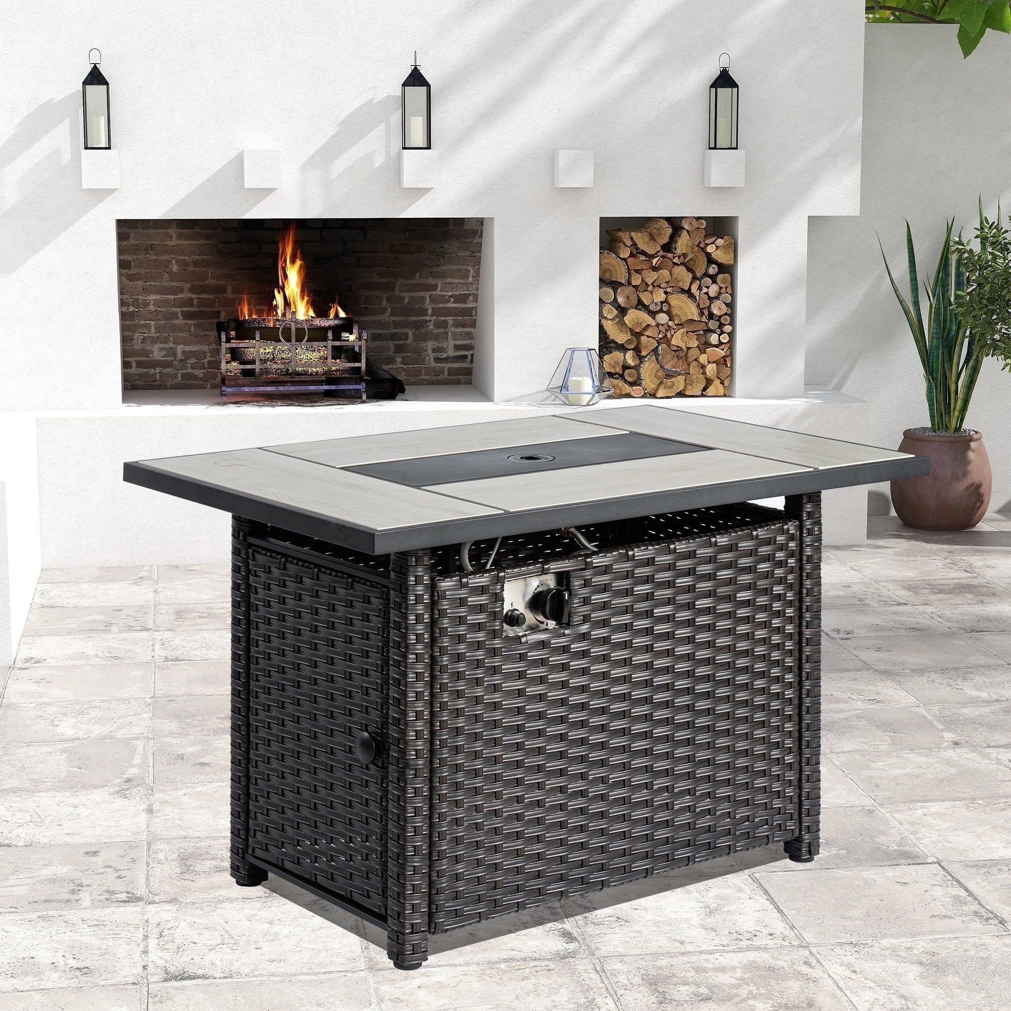 Ovios 42 Inch Propane Fire Pit CSA-Listed Outdoor Fire Pit Table, 50,000 BTU Wicker Gas Fire Pits for Outside with Lid and Lava Rock on Patio Deck Garden Backyard