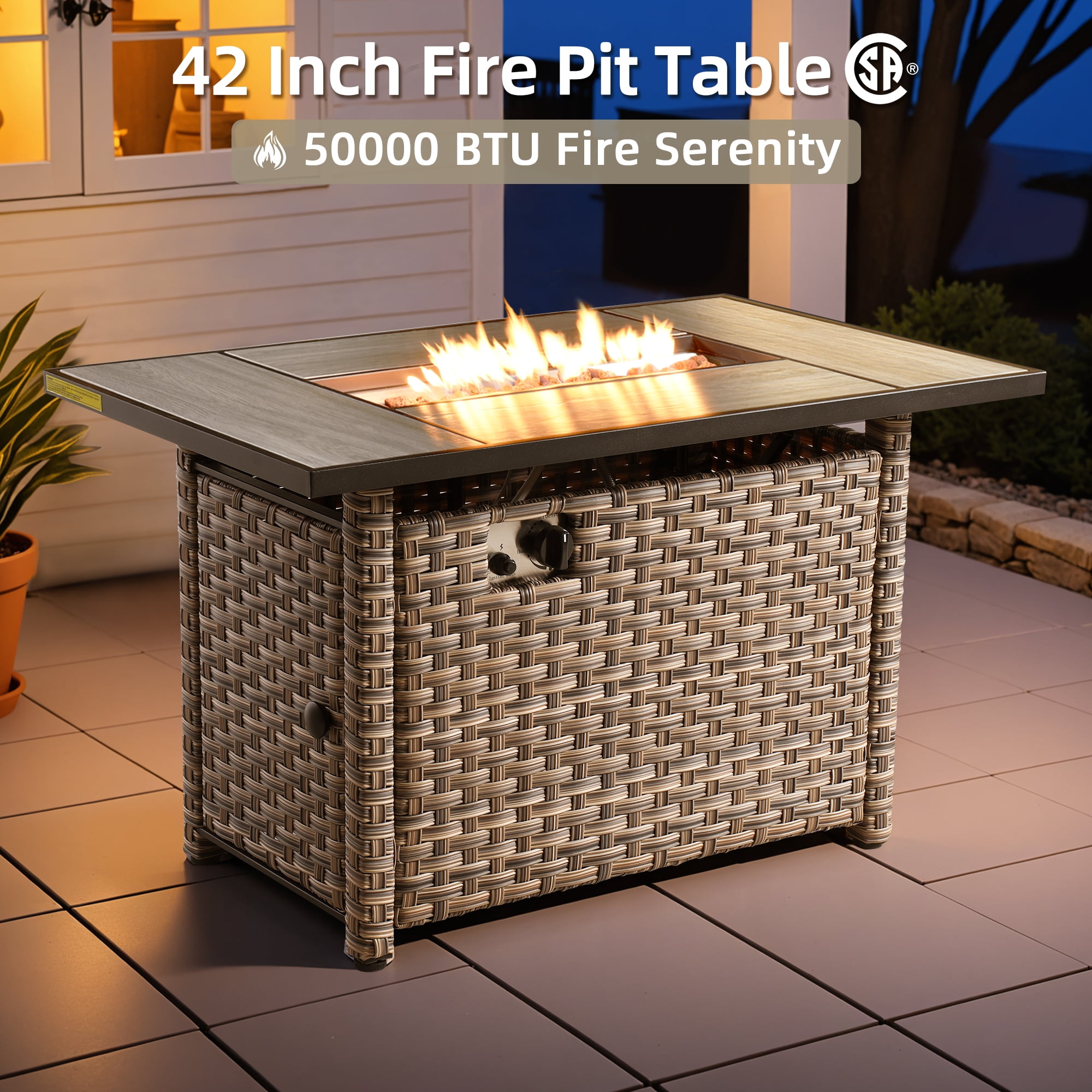 Ovios 42 Inch Wicker Rattan Propane Fire Pit Outdoor Fire Pit Table with Cover 50000 BTU Gas Fire Pits for Deck Garden