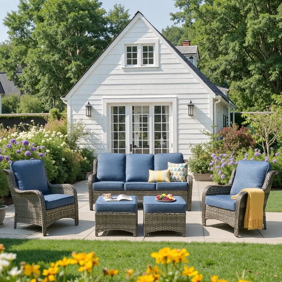 Ovios 5-Piece High Back Patio Outdoor Furniture All-Weather Wicker Conversation Set with Ottomans, Denim Blue