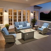 Ovios 5 Piece Outdoor Patio Furniture Set All-Weather Wicker Rattan Conversation Set with High Back Swivel Chairs & Propane Fire Pit Table, Denim Blue