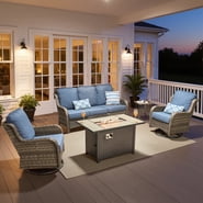 Ovios 5 Piece Outdoor Patio Furniture Set All-Weather Wicker Rattan Conversation Set with High Back Swivel Chairs & Propane Fire Pit Table, Denim Blue