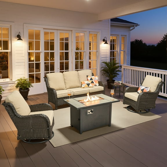 Ovios 5 Piece Outdoor Patio Furniture Set All-Weather Wicker Rattan Conversation Set with High Back Swivel Chairs & Propane Fire Pit Table, Beige