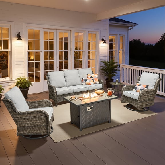 Ovios 5 Piece Outdoor Patio Furniture Set All-Weather Wicker Rattan Conversation Set with High Back Swivel Chairs & Propane Fire Pit Table, Gray