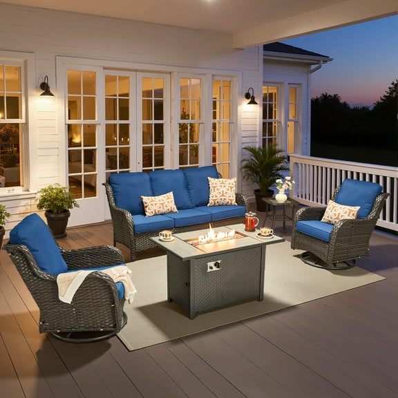 Ovios 5 Piece Outdoor Patio Furniture Set All-Weather Wicker Rattan Conversation Set with High Back Swivel Chairs & Propane Fire Pit Table, Navy Blue