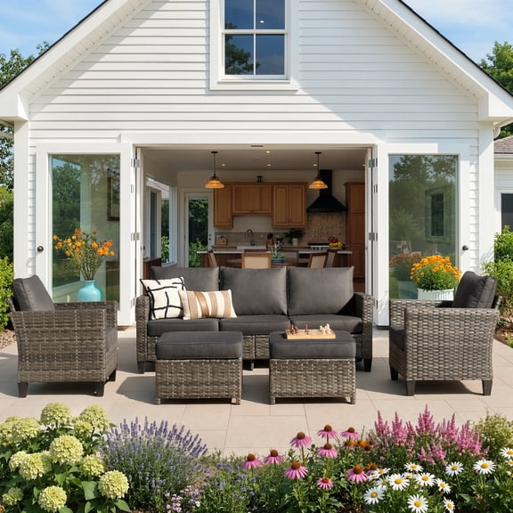 Ovios 5-Piece Outdoor Patio Furniture Set All-Weather Wicker Sectional Sofa Conversation Set with 2 Ottomans, Black