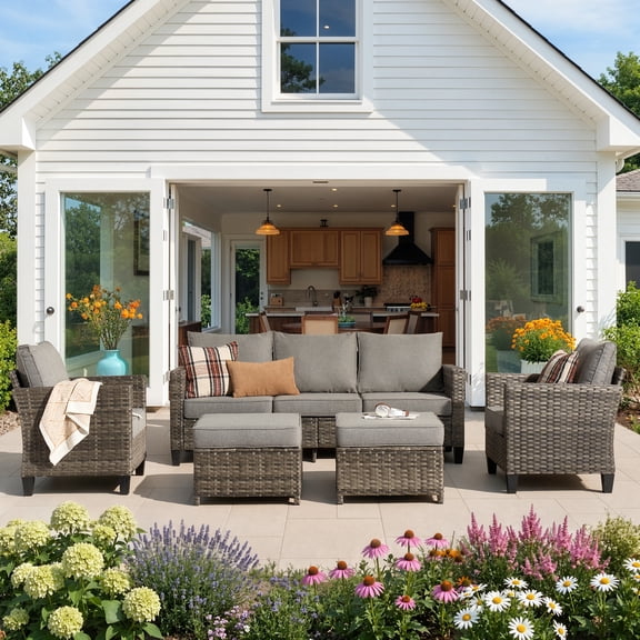 Ovios 5-Piece Outdoor Patio Furniture Set All-Weather Wicker Sectional Sofa Conversation Set with 2 Ottomans, Dark Gray