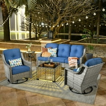 Ovios 5 Pieces High-Back Outdoor Patio Furniture Wicker Sectional Conversation Sofa with Rocking Swivel Chairs & Solar Lamps Coffee Table for Backyard