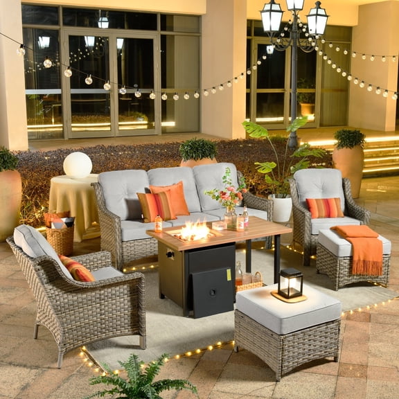 Ovios 5 Pieces High-Back Outdoor Patio Furniture with Fire Pit All Weather Wicker Conversation Furniture with Couch for Backyard