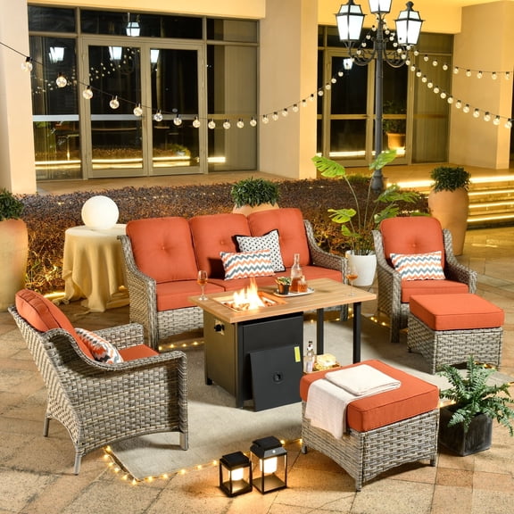 Ovios 5 Pieces High-Back Outdoor Patio Furniture with Fire Pit All Weather Wicker Conversation Furniture with Couch for Backyard