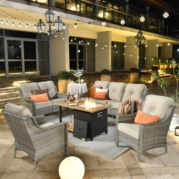 Ovios 5 Pieces High-Back Outdoor Patio Furniture with Fire Pit All Weather Wicker Conversation Furniture with Loveseat for Backyard