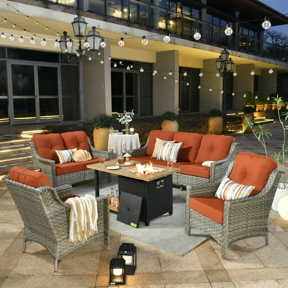Ovios 5 Pieces High-Back Outdoor Patio Furniture with Fire Pit All Weather Wicker Conversation Furniture with Loveseat for Backyard