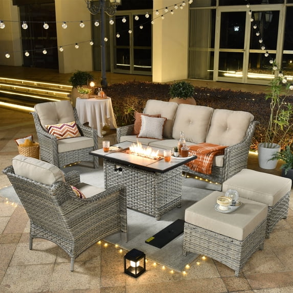 Ovios 5 Pieces High-Back Outdoor Patio Furniture with Fire Pit All Weather Wicker Conversation Furniture with Sofa for Backyard