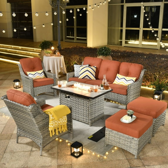 Ovios 5 Pieces High-Back Outdoor Patio Furniture with Fire Pit All Weather Wicker Conversation Furniture with Sofa for Backyard