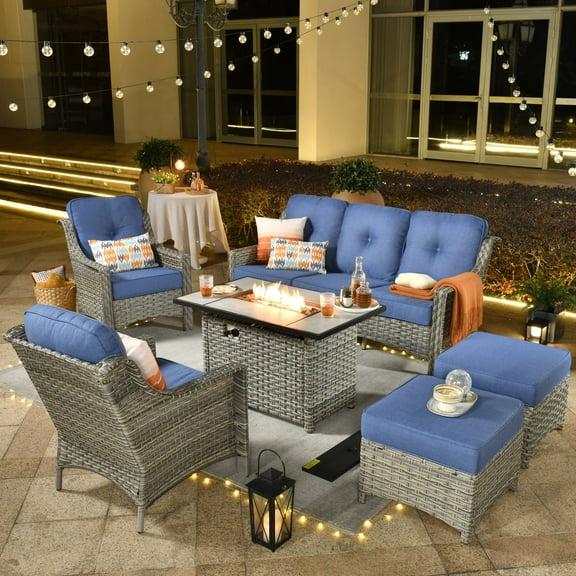 Ovios 5 Pieces High-Back Outdoor Patio Furniture with Fire Pit All Weather Wicker Conversation Furniture with Sofa for Backyard