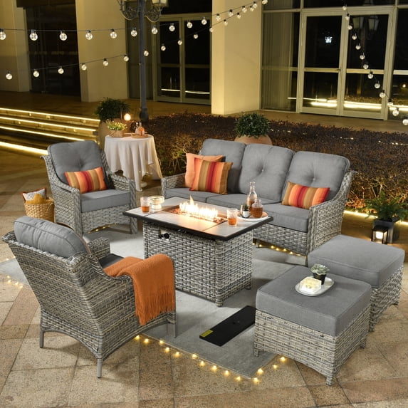 Ovios 5 Pieces High-Back Outdoor Patio Furniture with Fire Pit All Weather Wicker Conversation Furniture with Sofa for Backyard