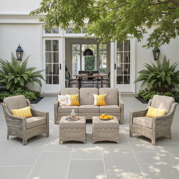 Ovios 5 Pieces Outdoor Furniture Set High Back All-Weather Wicker Patio Conversation Set with Ottomans, Beige