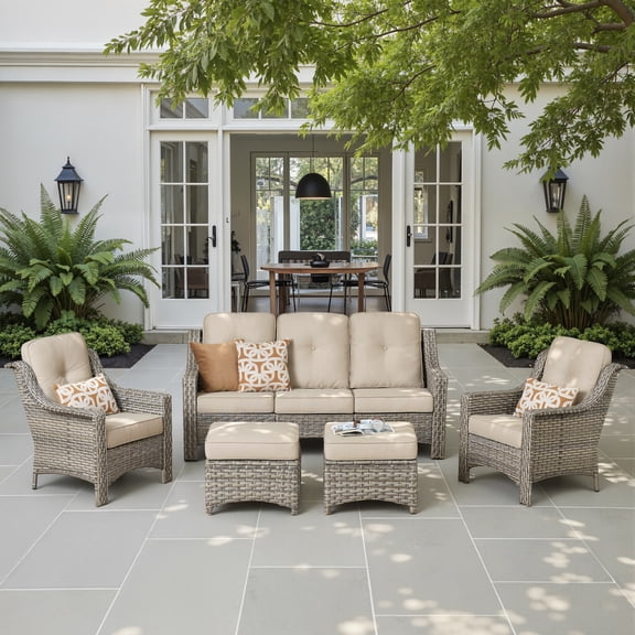 Ovios 5 Pieces Outdoor Furniture Set High Back All-Weather Wicker Patio Conversation Set with Ottomans, Beige
