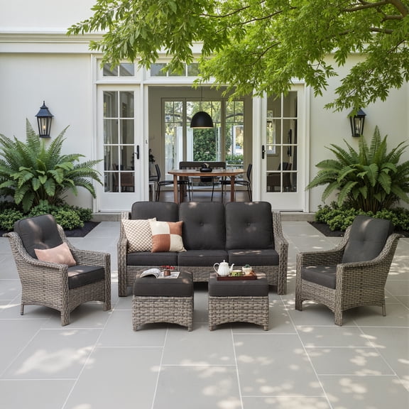Ovios 5 Pieces Outdoor Furniture Set High Back All-Weather Wicker Patio Conversation Set with Ottomans, Black