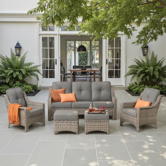 Ovios 5 Pieces Outdoor Furniture Set High Back All-Weather Wicker Patio Conversation Set with Ottomans, Dark Gray