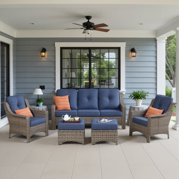 Ovios 5 Pieces Outdoor Furniture Set High Back All-Weather Wicker Patio Conversation Set with Ottomans, Denim Blue
