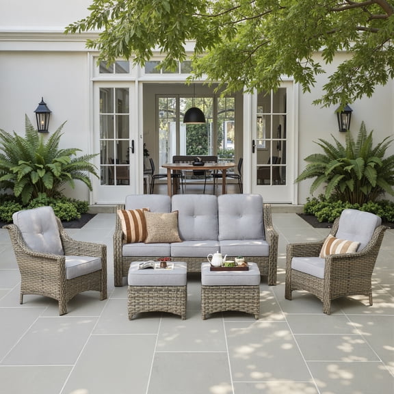 Ovios 5 Pieces Outdoor Furniture Set High Back All-Weather Wicker Patio Conversation Set with Ottomans, Gray
