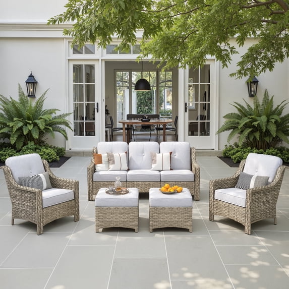 Ovios 5 Pieces Outdoor Furniture Set High Back All-Weather Wicker Patio Conversation Set with Ottomans, Gray