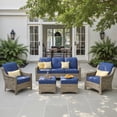 thumbnail image 1 of Ovios 5 Pieces Outdoor Furniture Set High Back All-Weather Wicker Patio Conversation Set with Ottomans, Navy Blue, 1 of 7