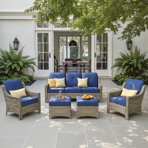 Ovios 5 Pieces Outdoor Furniture Set High Back All-Weather Wicker Patio Conversation Set with Ottomans, Navy Blue