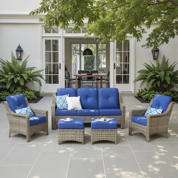 Ovios 5 Pieces Outdoor Furniture Set High Back All-Weather Wicker Patio Conversation Set with Ottomans, Navy Blue