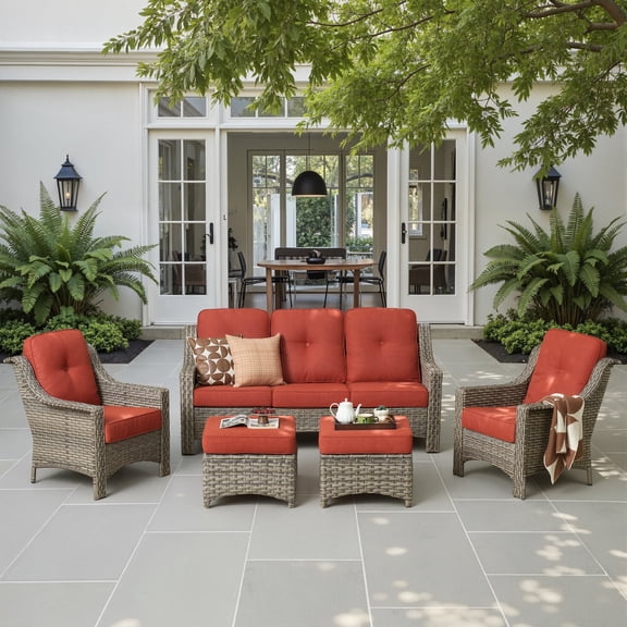 Ovios 5 Pieces Outdoor Furniture Set High Back All-Weather Wicker Patio Conversation Set with Ottomans, Orange Red(Textured)