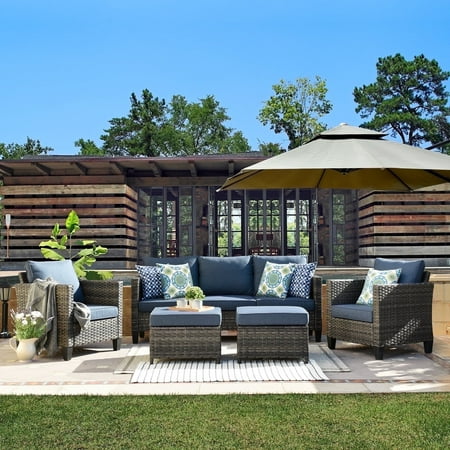 Ovios 5 Pieces Outdoor Patio Furniture All-Weather Wicker Conversation Set Outside Rattan Sectional Sofa with Cushions for Balcony