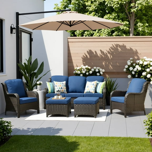 Ovios 5 Pieces Outdoor Patio Furniture Set All-Weather Wicker High Back Conversation Sets Outdoor Sectional Sofa Couch with Cushions for Backyard