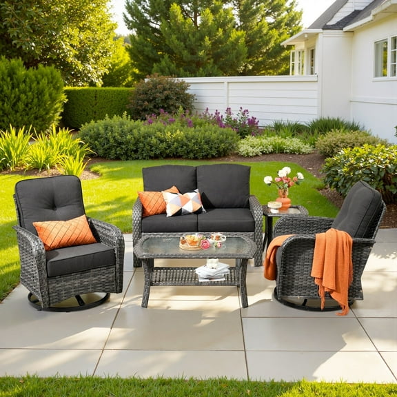 Ovios 5 Pieces Outdoor Patio Furniture Set High Back All Weather Wicker Conversation Set with Swivel Chairs & Coffee Table, Black