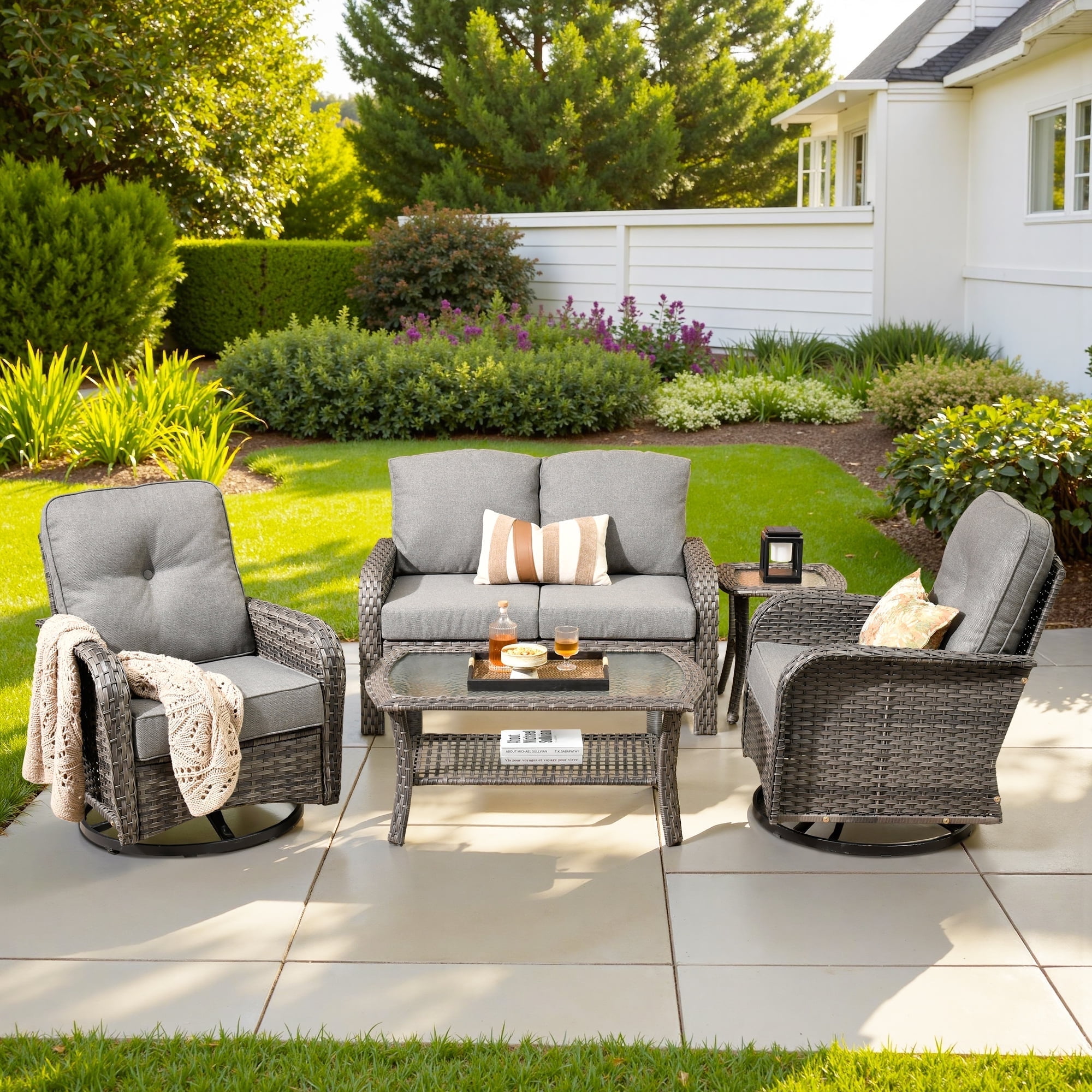 The Coupon deal of  Walmart Black Friday Deals 2025 Ovios 5-Piece Patio Set, All-Weather Wicker, Swivel Chairs, High Back Sofa, Coffee Table, Dark Gray
