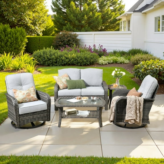 Ovios 5 Pieces Outdoor Patio Furniture Set High Back All Weather Wicker Conversation Set with Swivel Chairs & Coffee Table, Gray