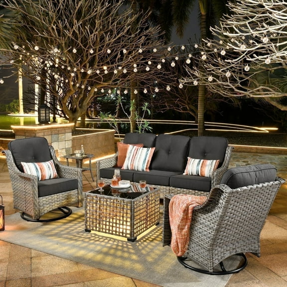Ovios 5 Pieces Outdoor Patio Furniture Set High-Back Rattan Wicker Conversation Set Outdoor Sectional with Swivel Chairs & Solar Light Coffee Table, Black