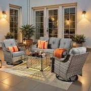 Ovios 5 Pieces Outdoor Patio Furniture Set High-Back Rattan Wicker Conversation Set Outdoor Sectional with Swivel Chairs & Solar Light Coffee Table, Dark Grey