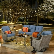 Ovios 5 Pieces Outdoor Patio Furniture Set High-Back Rattan Wicker Conversation Set Outdoor Sectional with Swivel Chairs & Solar Light Coffee Table, Denim Blue