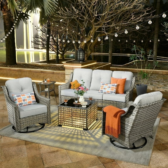 Ovios 5 Pieces Outdoor Patio Furniture Set High-Back Rattan Wicker Conversation Set Outdoor Sectional with Swivel Chairs & Solar Light Coffee Table, Grey
