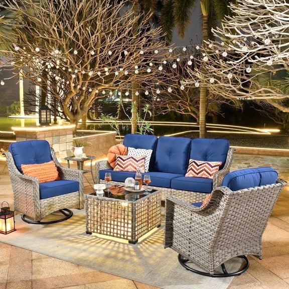 Ovios 5 Pieces Outdoor Patio Furniture Set High-Back Rattan Wicker Conversation Set Outdoor Sectional with Swivel Chairs & Solar Light Coffee Table, Navy Blue