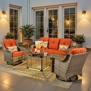 Ovios 5 Pieces Outdoor Patio Furniture Set High-Back Rattan Wicker Conversation Set Outdoor Sectional with Swivel Chairs & Solar Light Coffee Table,Orange Red