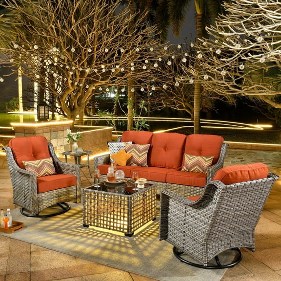 Ovios 5 Pieces Outdoor Patio Furniture Set High-Back Rattan Wicker Conversation Set Outdoor Sectional with Swivel Chairs & Solar Light Coffee Table,Orange Red
