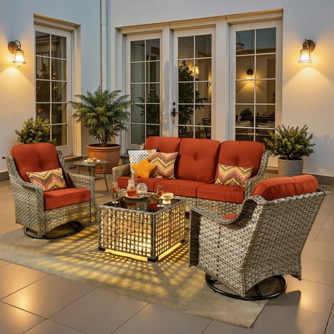 Ovios 5 Pieces Outdoor Patio Furniture Set High Back Wicker Conversation Set with Swivel Chairs & Solar Light Coffee Table, Orange Red