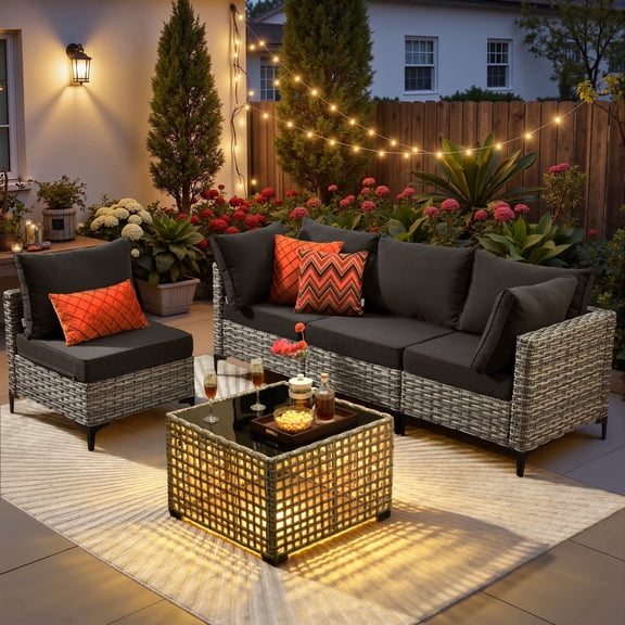 Ovios 5 Pieces Outdoor Patio Furniture Set PE Wicker Rattan Sofa Set with Solar Table, Black