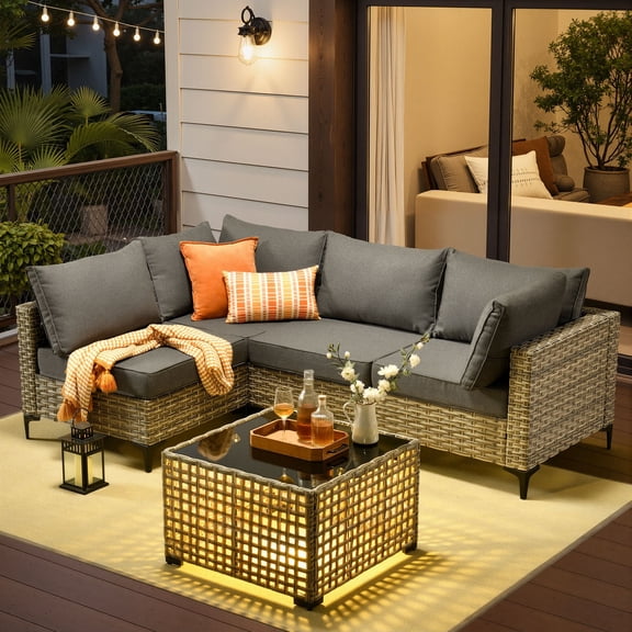 Ovios 5 Pieces Outdoor Patio Furniture Set PE Wicker Rattan Sofa Set with Solar Coffee Table, Dark Gray